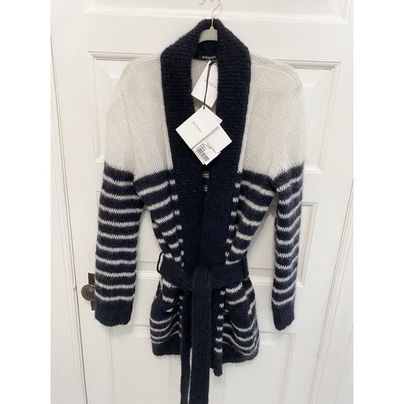 AUTH Balmain Women’s Belted Striped Cardigan Coat Mohair Wool UK 12 EU 40 - Picture 1 of 6